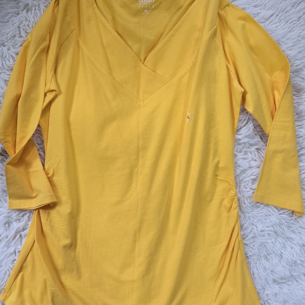New York & Company Yellow Asymmetrical 3/4 Sleeve Bodysuit
